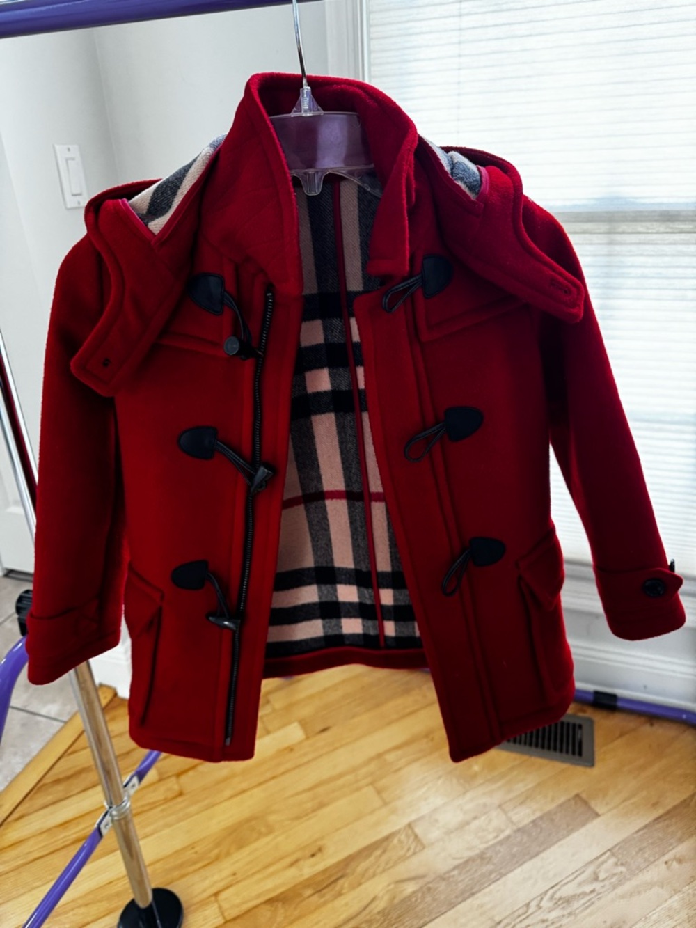 Burberry Red Kids Toggle Pea Coat with Signature Plaid
